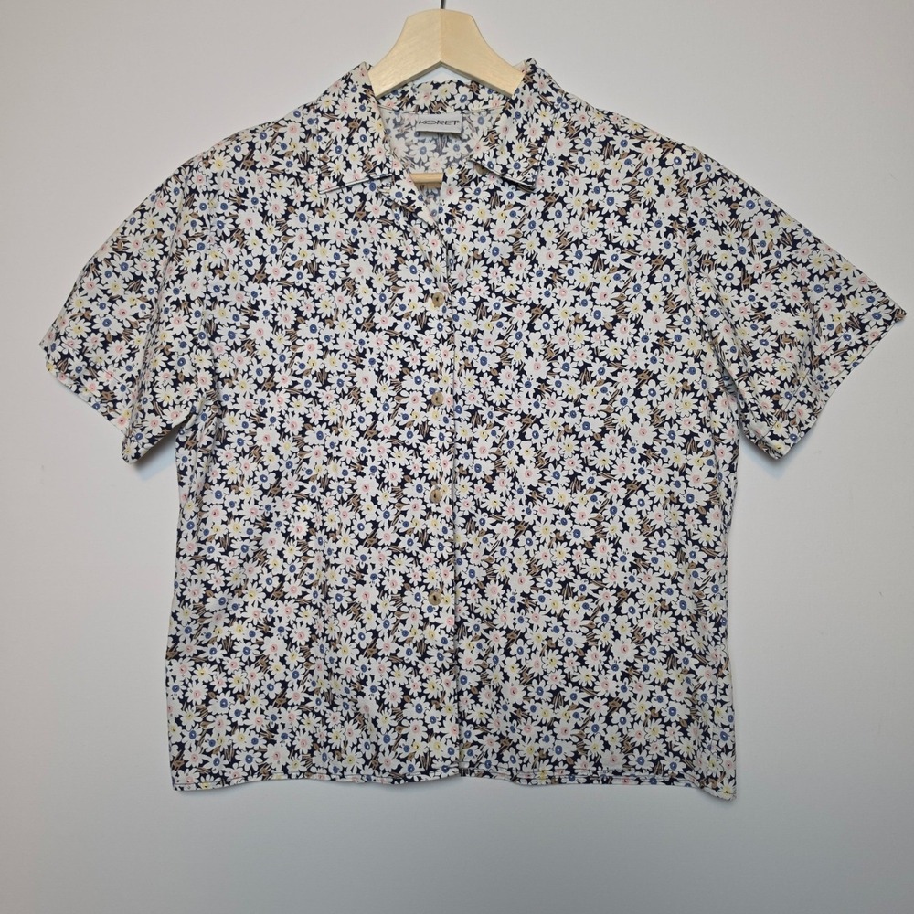 Koret Floral Daisy Print Button Up Short Sleeve Shirt Navy Blue Size 12